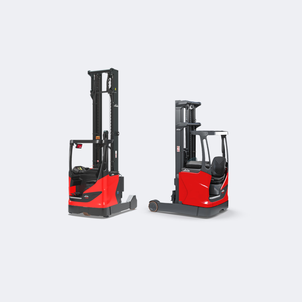 Linde Reachtrucks (R14 HD & R16 B) op een grijze achtergrond