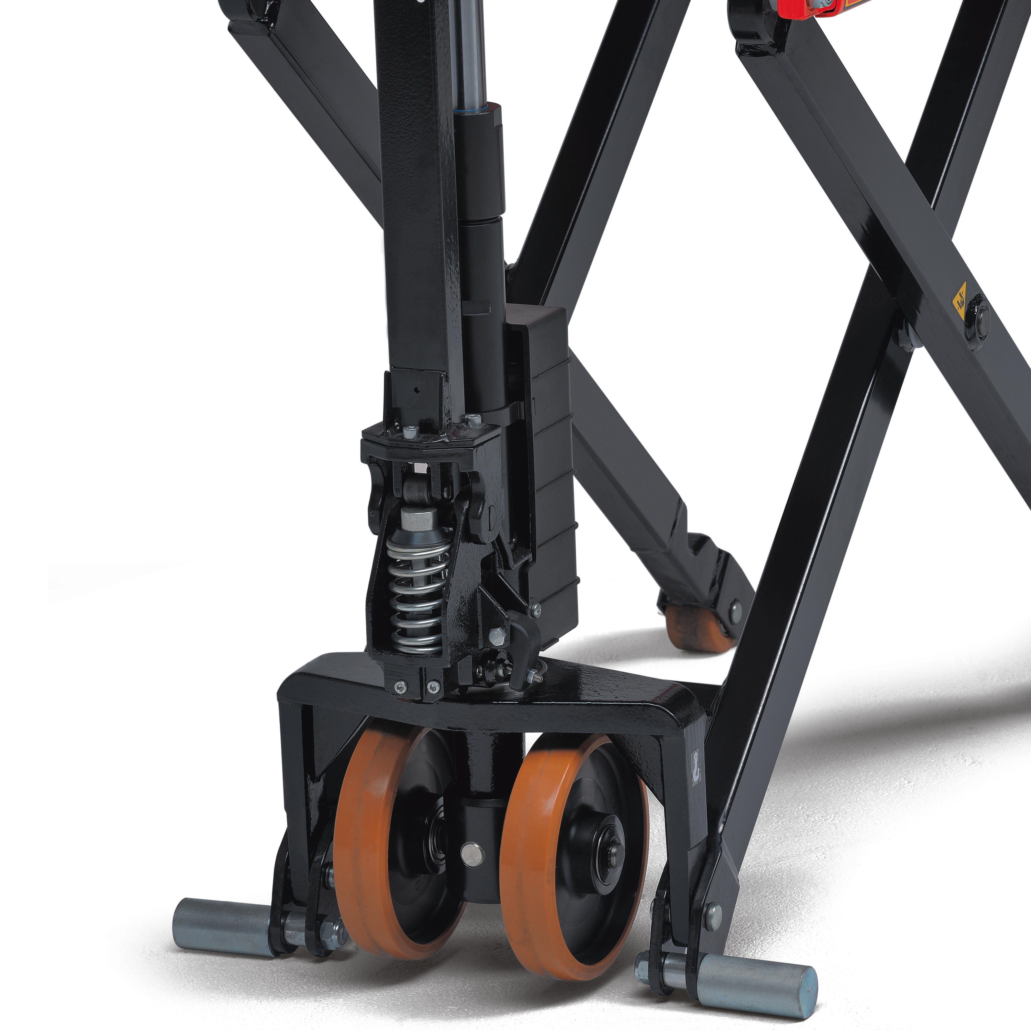 Linde M10 X detailbeeld wieltjes schaarpallettruck