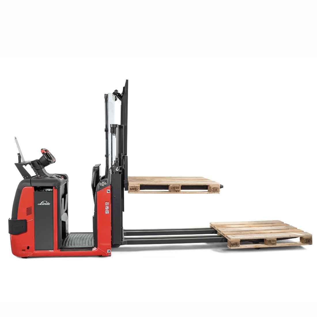 Linde N20 C LoL orderpicker vrijstaand zijaanzicht met 2 pallets op de vorken