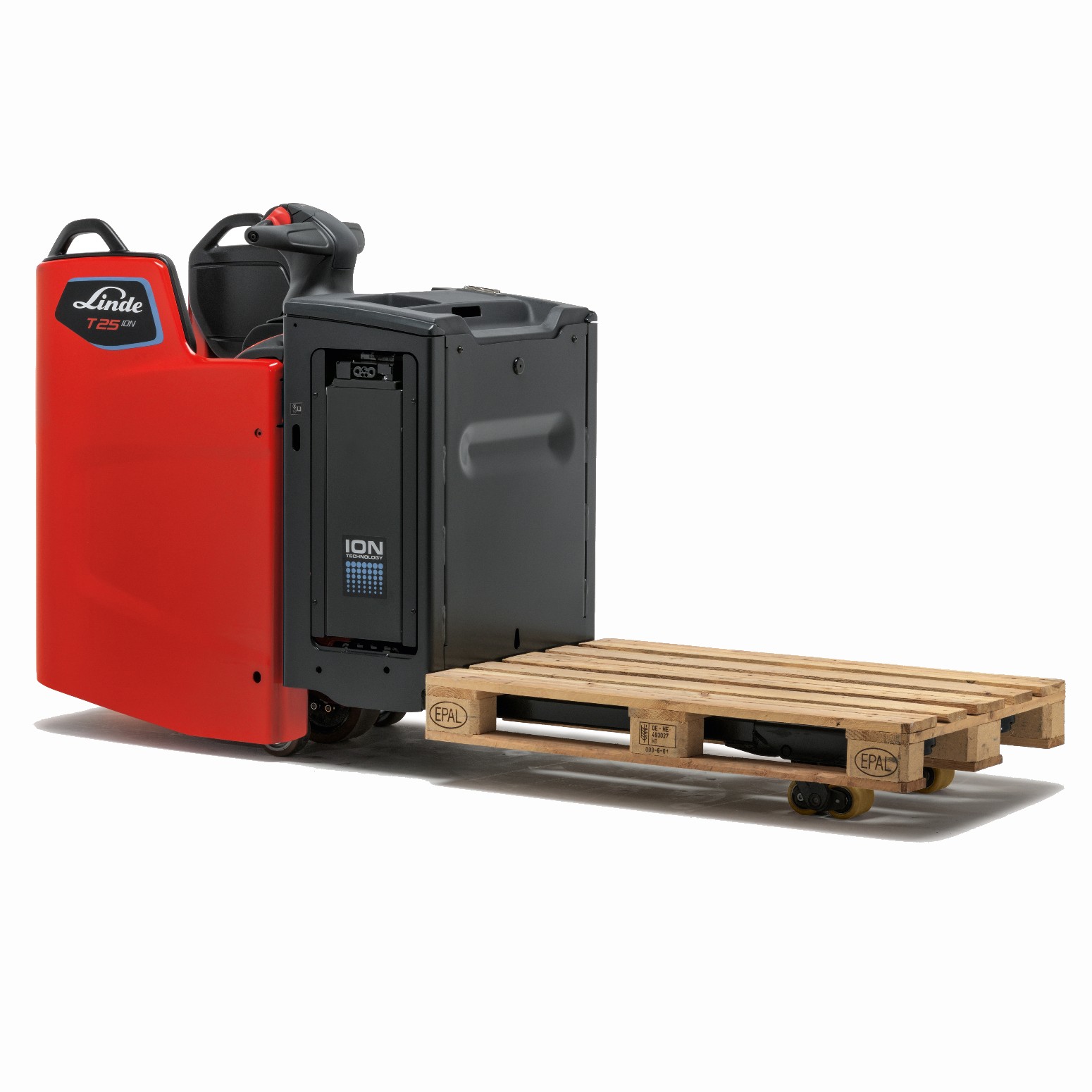 Linde T25 FP zijaanzicht met pallet